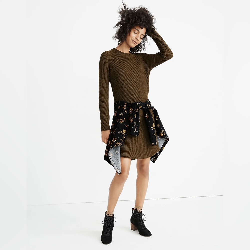 Madewell Wool Blend Curved Hem Long Sleeve Sweater Dress Olive Green Medium - Picture 1 of 7